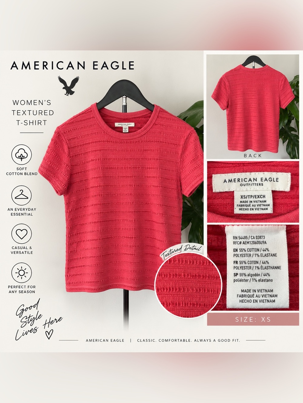American Eagle Outfitters Short Sleeve Textured Crew Top - Coral Pink